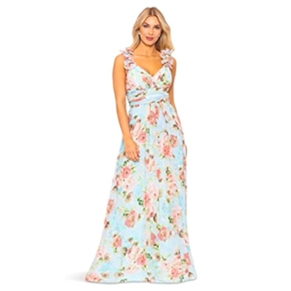 BETSY & ADAM  Floral-Print Ruffled Lace-Up Gown
